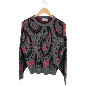 Vintage Le Tigre Sweater Abstract Paisley Pattern Knit Gray Red Mens Size Small